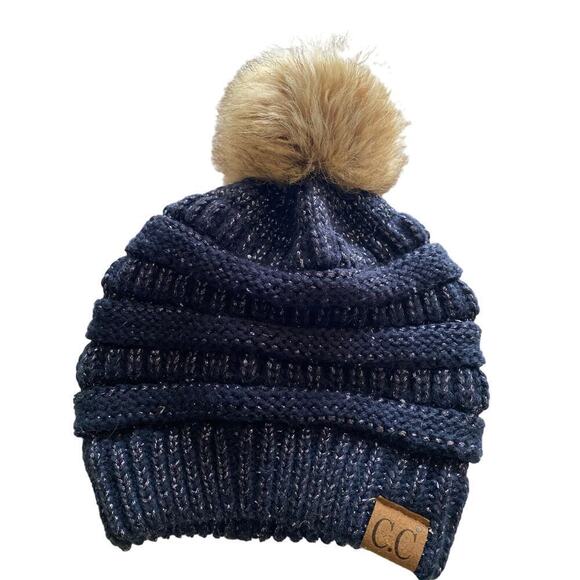 CC Accessories - CC Winter hat Women’s Navy Sparkle fur Pom Pom Beanie stretch warm winter